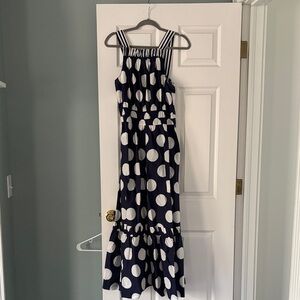 Anthropologie Navy and White Polka Dot Maxi Dress
